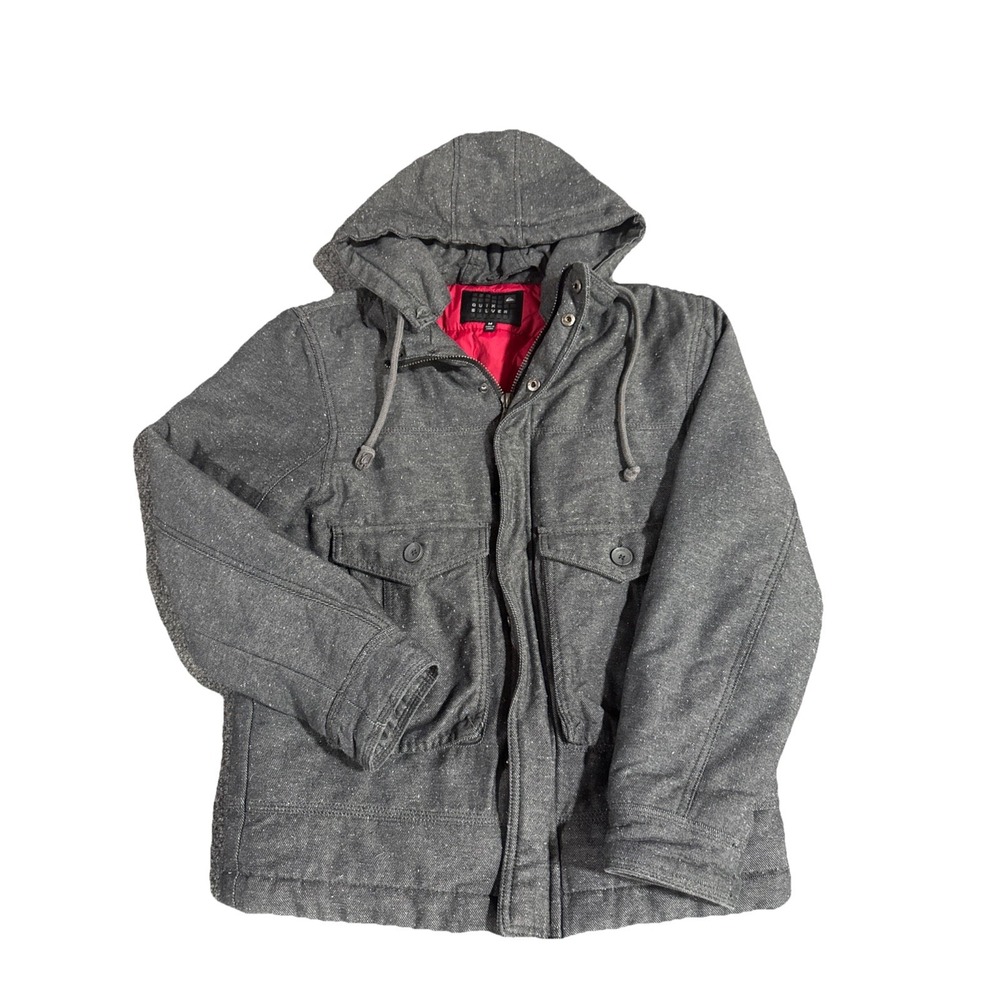 VTG Quik Silver  M Grey Denim-like Coat Jacket w/ Detach Hood Red Lining